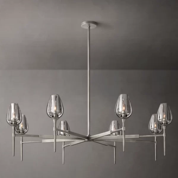 Modern crystal chandelier with glass shades and sleek metal frame.