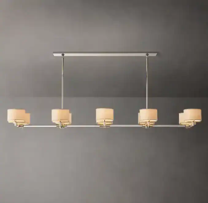 Modern linear chandelier with glass and steel design for elegant lighting.