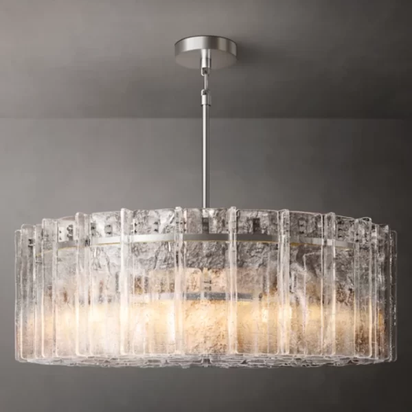 Modern glass chandelier with clear rectangular glass panels and metal fixture.