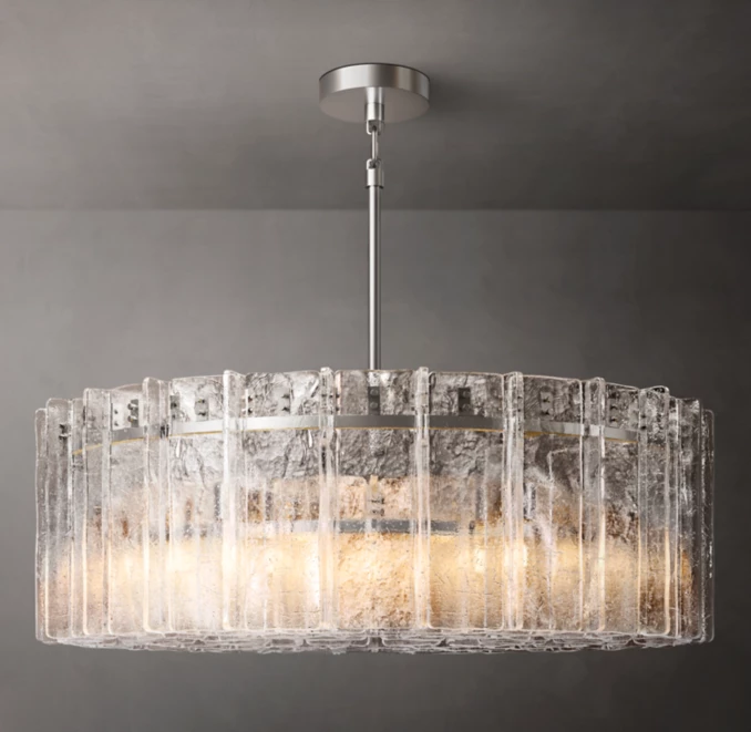Modern glass chandelier with clear rectangular glass panels and metal fixture.