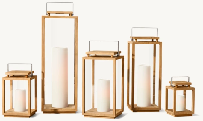 Modern wooden lanterns with LED candles for outdoor decor.