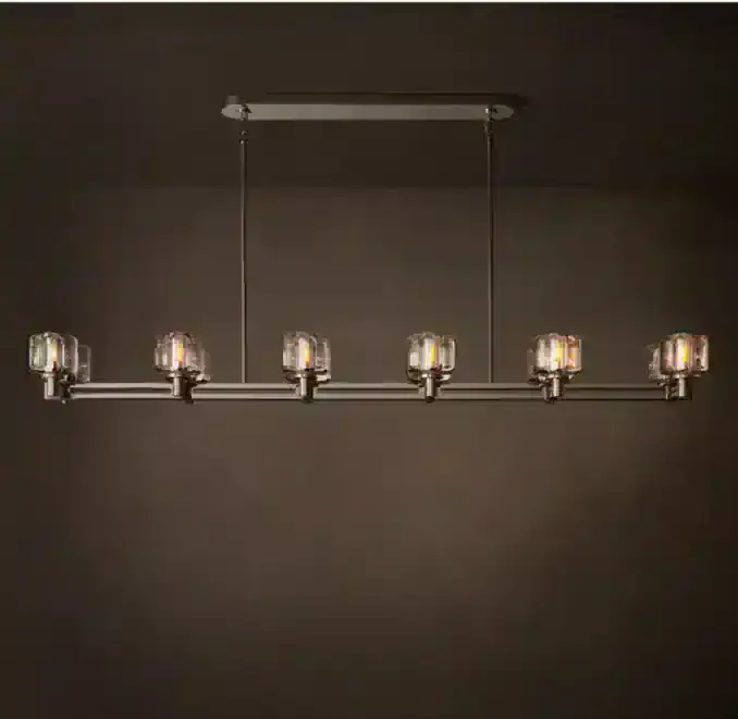 Modern glass chandelier with double linear design and multiple glass shades.