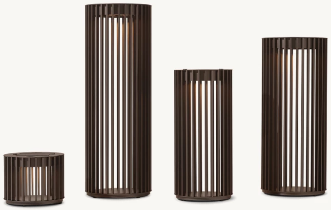 Set of four modern outdoor solar lanterns with wooden slat design.