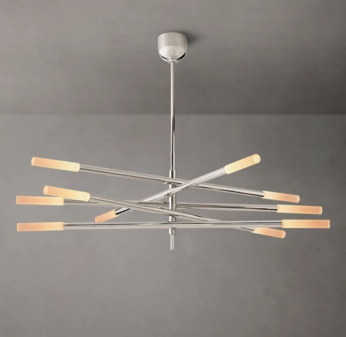 Contemporary chandelier with multiple LED light bars and sleek metallic finish.