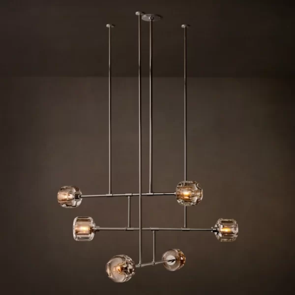 Contemporary glass chandelier with multiple glass globes and sleek metal design.