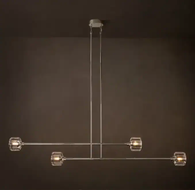 Modern linear chandelier with glass and steel design by Gorvey Lighting.