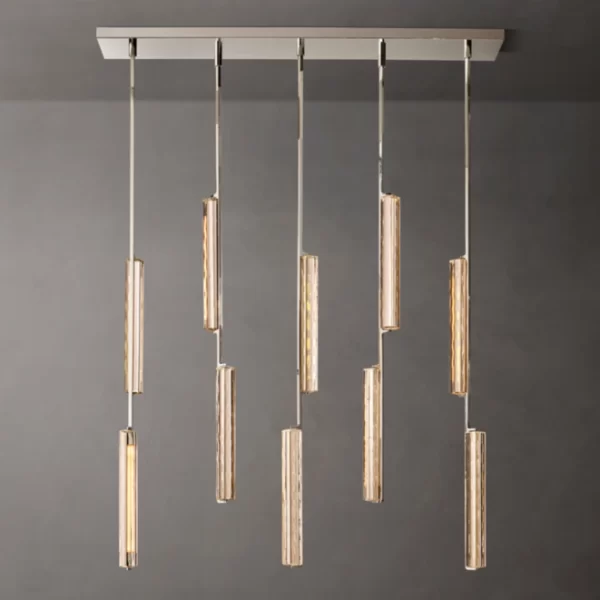 Modern linear LED chandelier with multiple hanging light bars for elegant lighting.