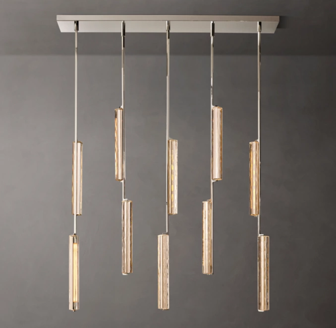 Modern linear LED chandelier with multiple hanging light bars for elegant lighting.