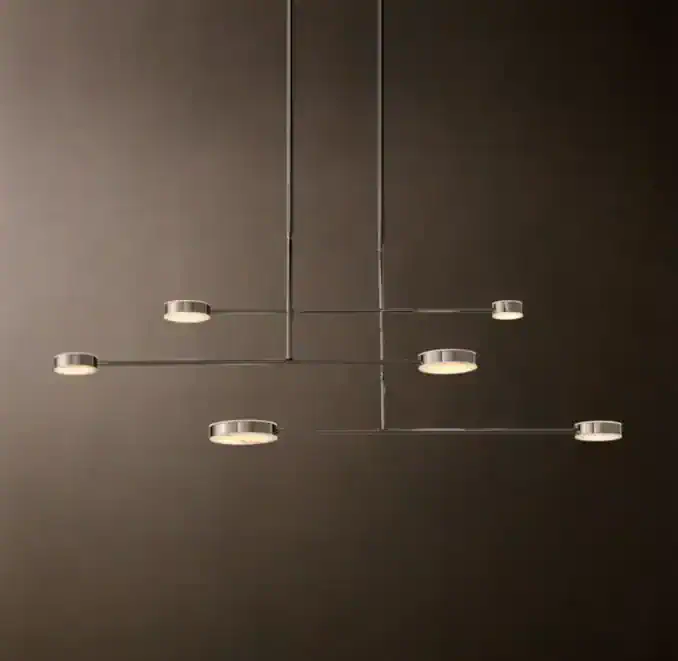 Contemporary linear LED chandelier with sleek metallic finish.