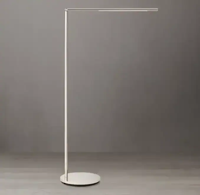 Modern adjustable LED floor lamp with slim design and circular base.