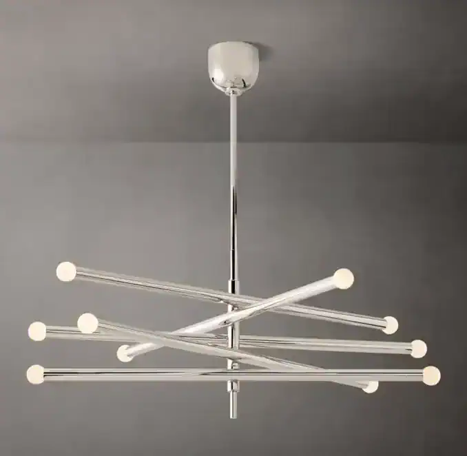 Contemporary chandelier with multiple white orbs and sleek metal rods.