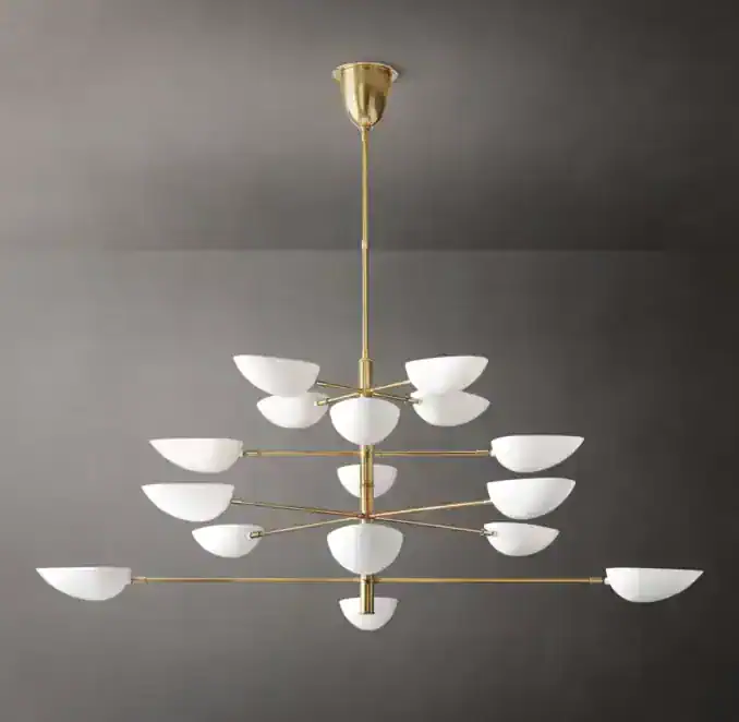 Modern steel chandelier with white glass shades for elegant lighting.