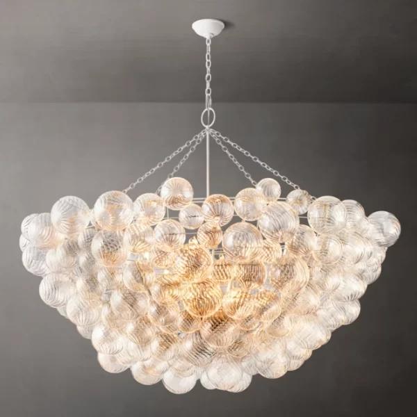 Elegant glass chandelier with 66 spherical glass orbs for modern lighting.