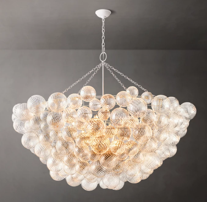 Elegant glass chandelier with 66 spherical glass orbs for modern lighting.