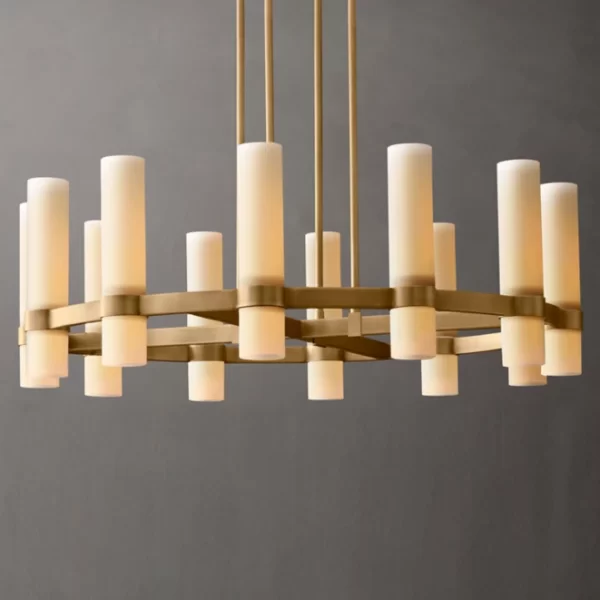 Elegant round chandelier with milk glass candle-like lights and gold accents.