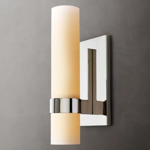 Modern wall sconce with milk glass shade and chrome finish for elegant lighting.