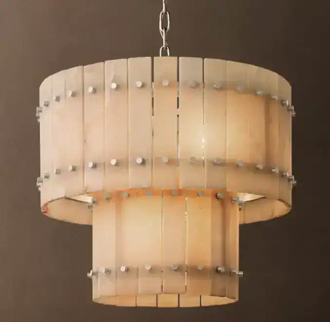Gorvey Lighting two-tier round alabaster chandelier with wooden slats and metal accents.