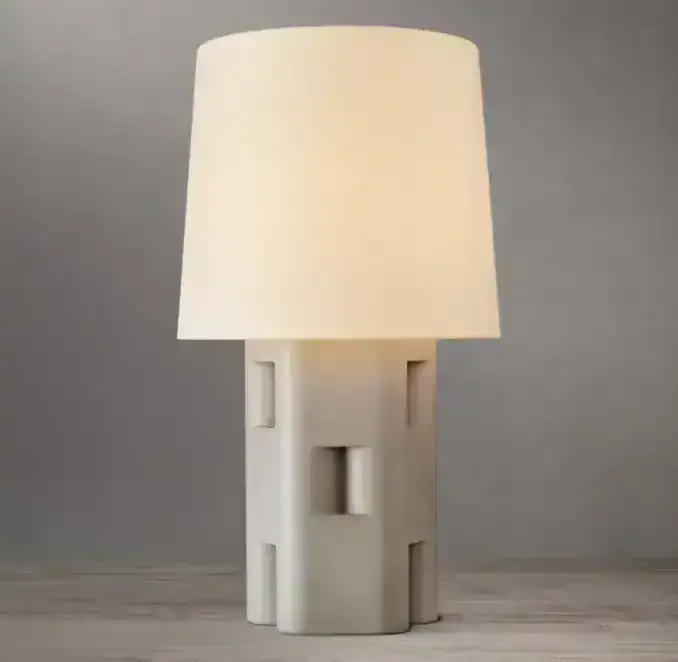Modern oak table lamp with linen shade for stylish lighting.