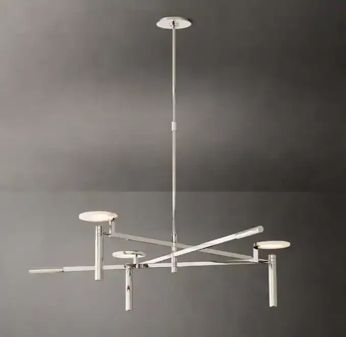 Modern chandelier with multiple alabaster shades and sleek metal arms.