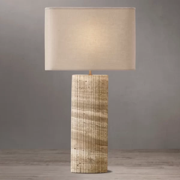 Gorvey stone lamp with Tiziano Travertine base and fabric shade.