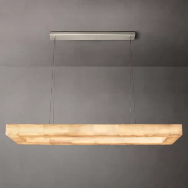Modern rectangular LED chandelier hanging from ceiling with minimalist design.