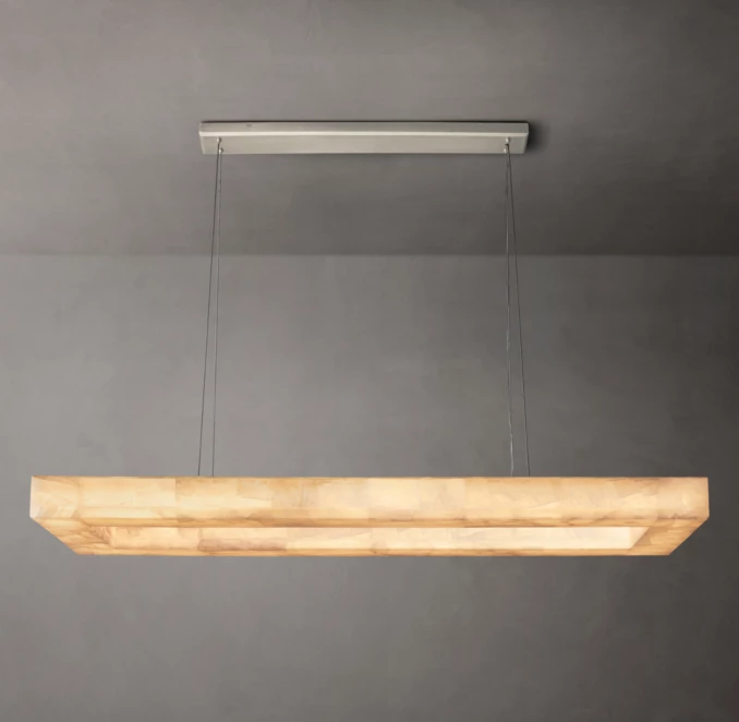 Modern rectangular LED chandelier hanging from ceiling with minimalist design.