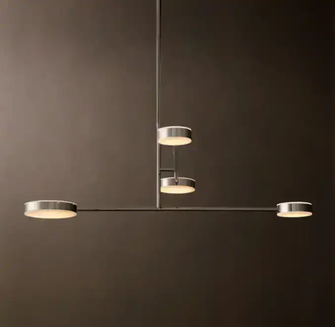 Contemporary modern chandelier with circular LED lights and sleek design.