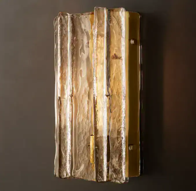 Modern glass sconce with lattice design in smoke finish for contemporary decor.