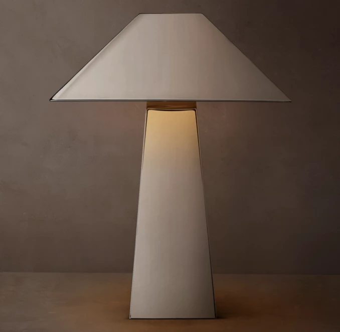 Modern metal table lamp with a white shade and geometric base.