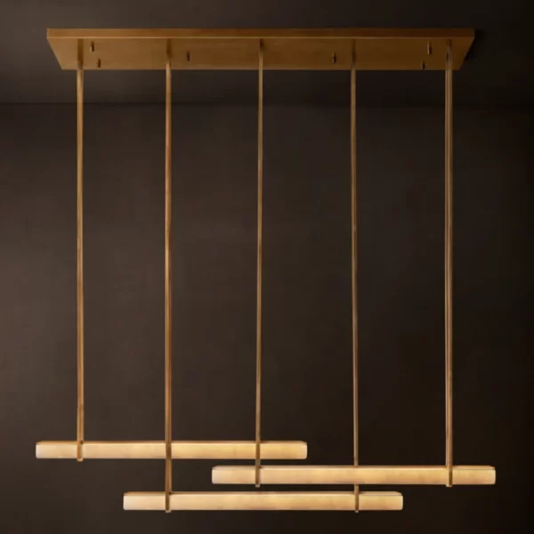 Contemporary linear chandelier with wooden and metal elements for modern interiors.