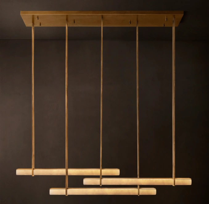 Contemporary linear chandelier with wooden and metal elements for modern interiors.