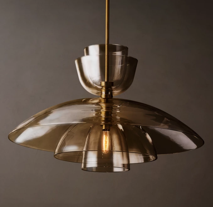 Gorvey Blom Amber Glass Cloche Pendant light with layered glass design.