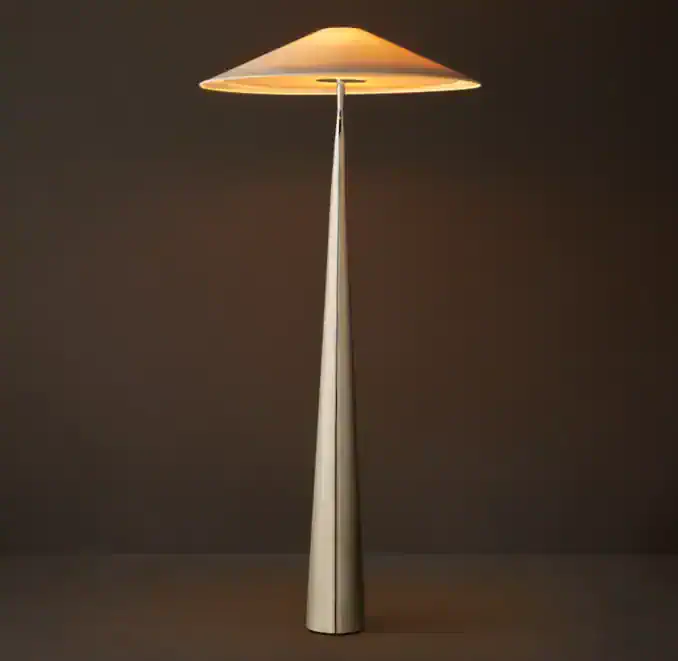 Modern floor lamp with a sleek metallic base and a conical fabric shade.