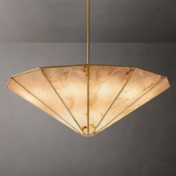 Elegant round chandelier with alabaster glass shade and gold accents.