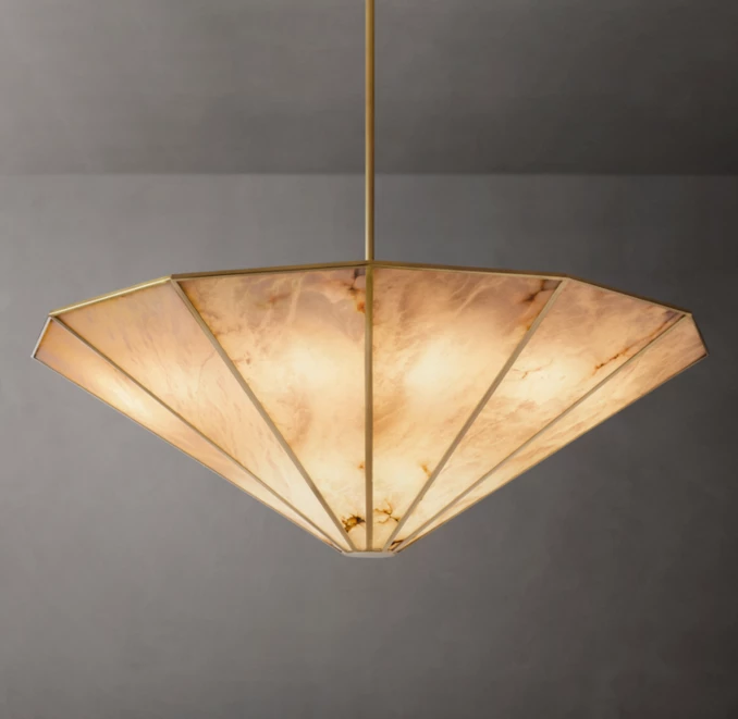 Elegant round chandelier with alabaster glass shade and gold accents.