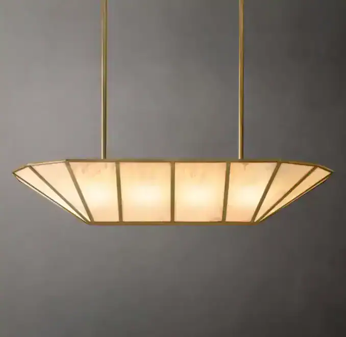 Elegant linear chandelier with warm lighting and modern design.