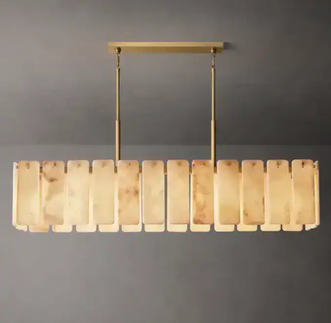 Contemporary rectangular steel chandelier with beige stone accents.
