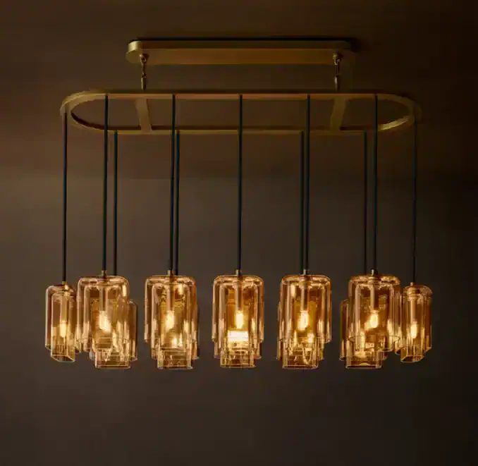 Amber glass rectangular chandelier with multiple pendant lights for modern decor.