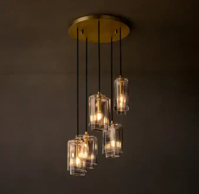 Amber glass cluster chandelier with modern design and warm lighting.