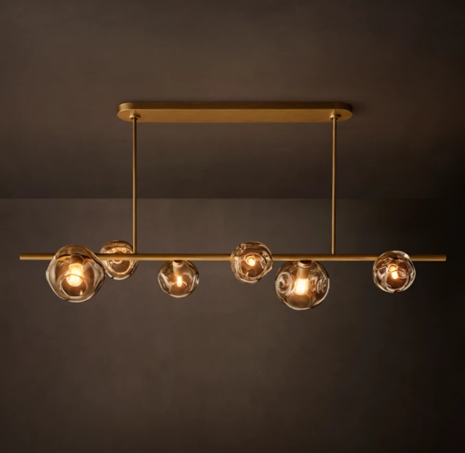 Modern bubble smoke glass linear chandelier by Gorvey Lighting.