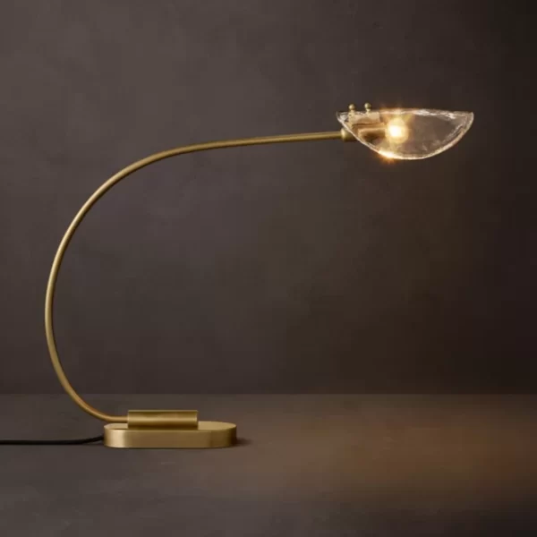 Gorvey Lighting GV Shell Smoke Glass Lamp with curved brass arm and glass shade.