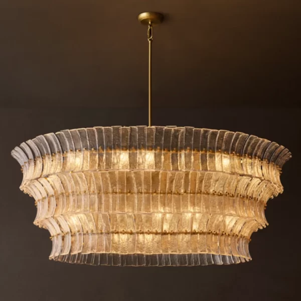 Elegant glass chandelier with layered design for modern interiors.