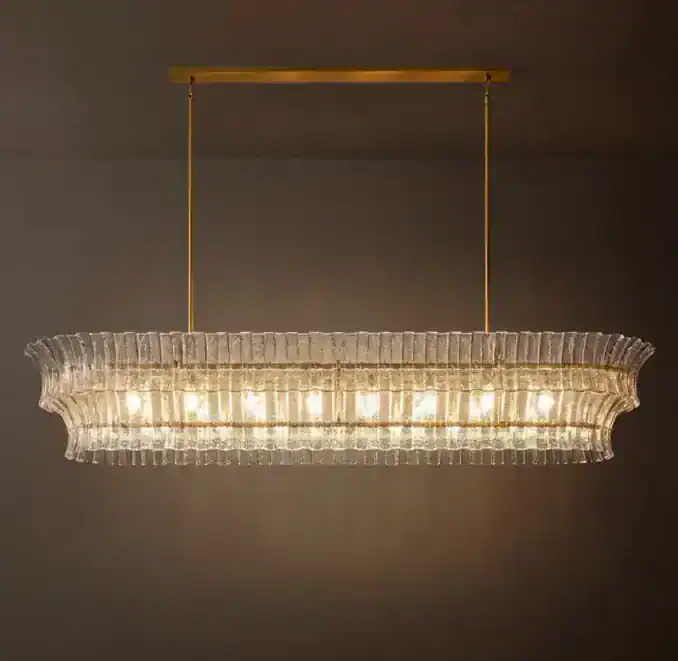 Elegant clear glass linear chandelier with multiple bulbs for modern lighting.
