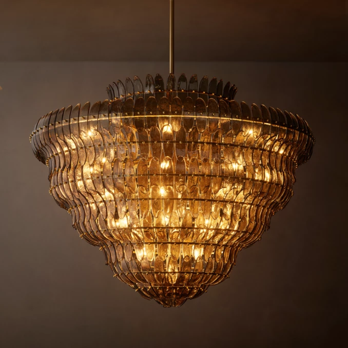 Elegant smoke round petal glass chandelier with warm lighting.