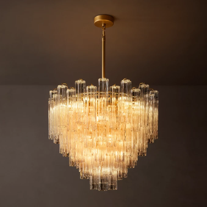 Elegant clear round glass chandelier by Gorvey Lighting for modern interiors.