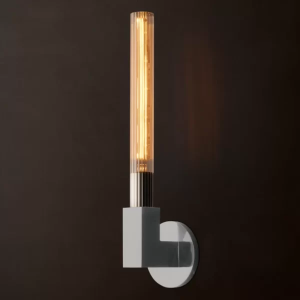 Modern ribbed glass wall sconce in solid brass for stylish lighting.