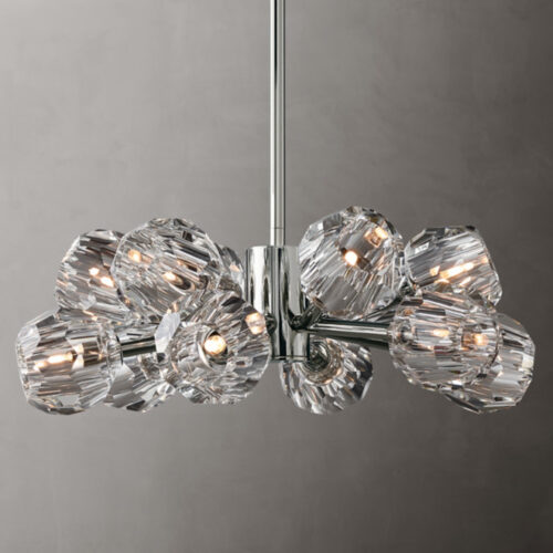Elegant modern crystal chandelier with multiple glass shades and LED lights.