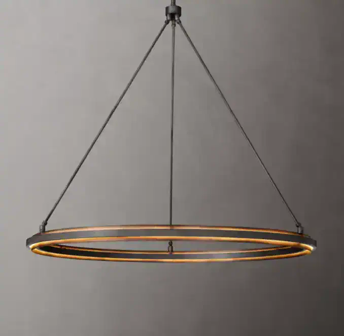 Modern circular pendant light fixture with LED ring design for contemporary interiors.