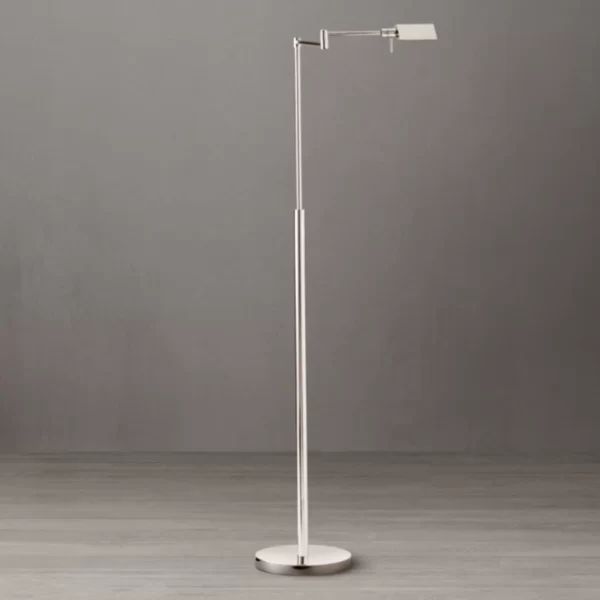 Sleek silver floor lamp with adjustable arm and LED light.